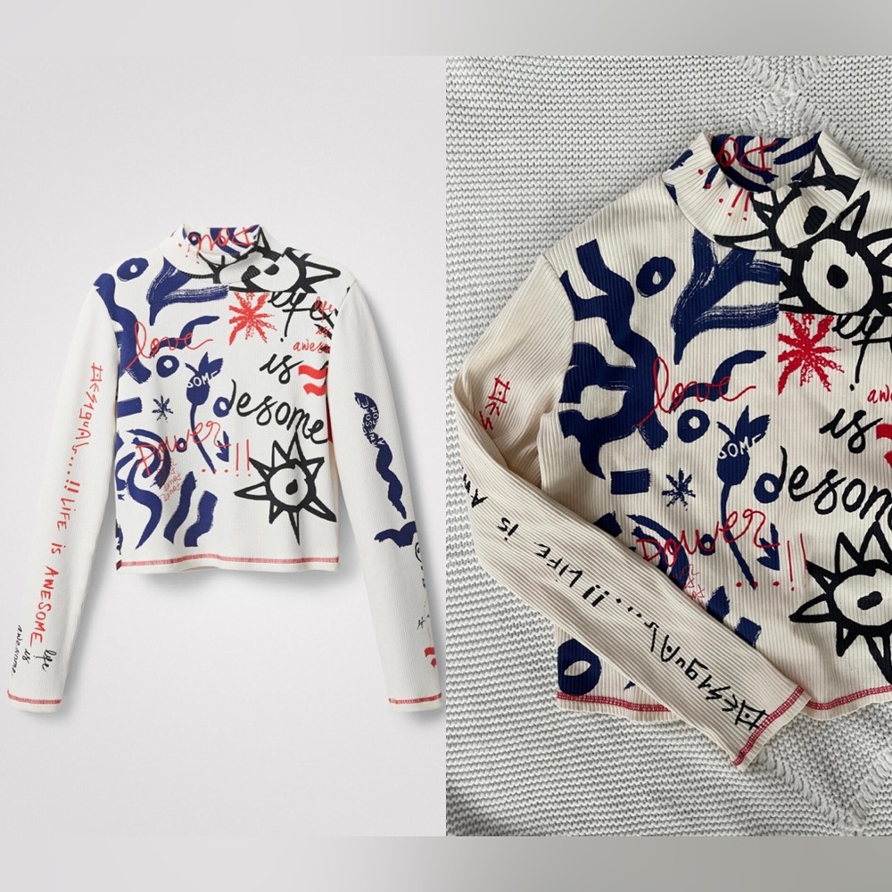 Desigual Life is Awesome Mock Neck Top